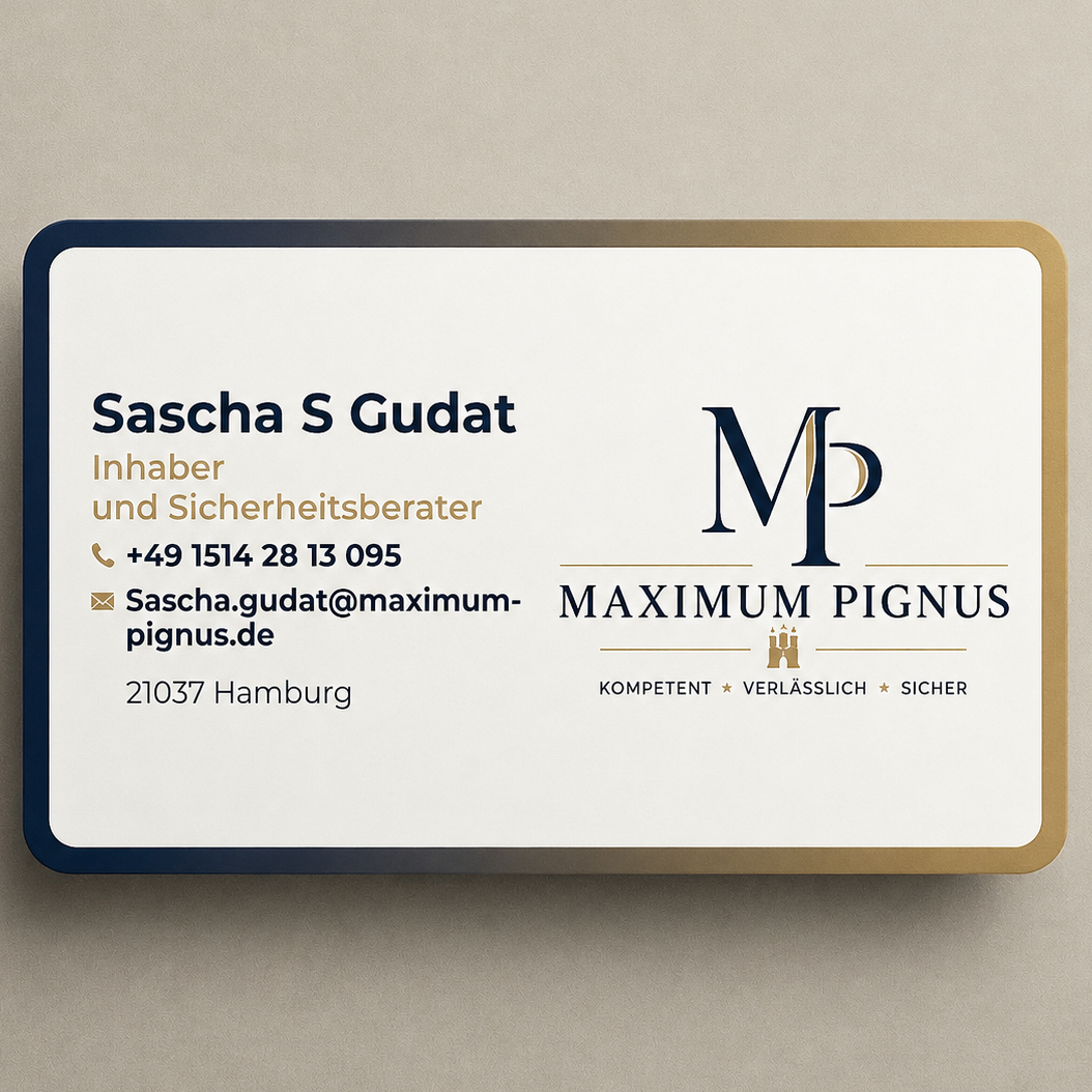 Visitenkarte von Sascha S Gudat, Maximum Pignus, mit Kontaktdaten.