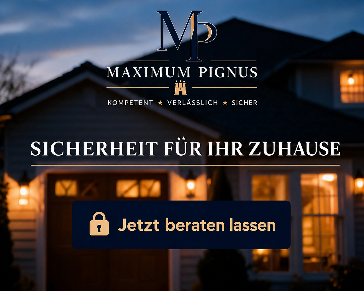Haus im Hintergrund mit Text "Sicherheit für Ihr Zuhause" und Call-to-Action-Button.