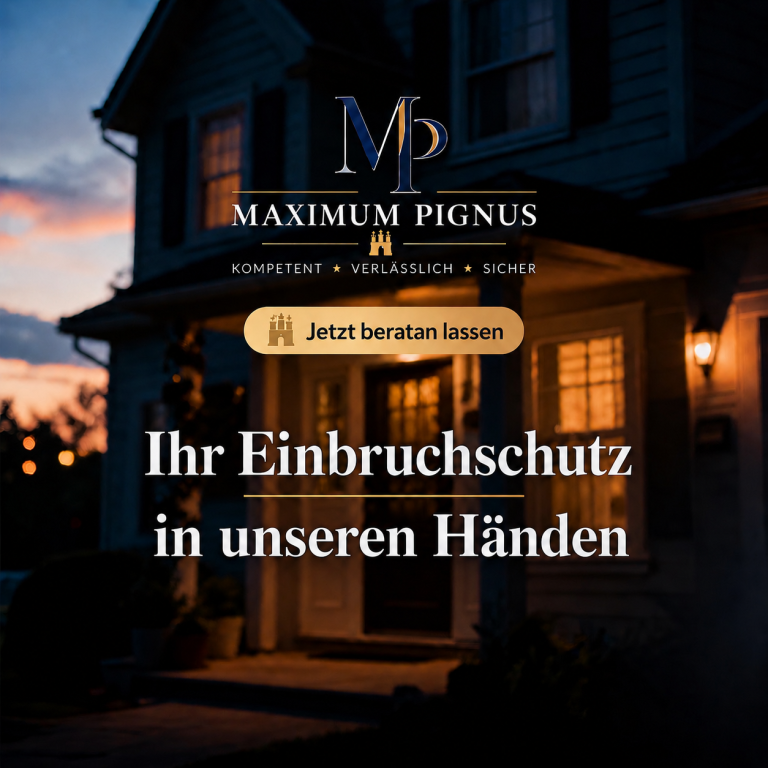 Haus bei Dämmerung mit einem Sicherheitsslogan und Logo von Maximum Pignus.